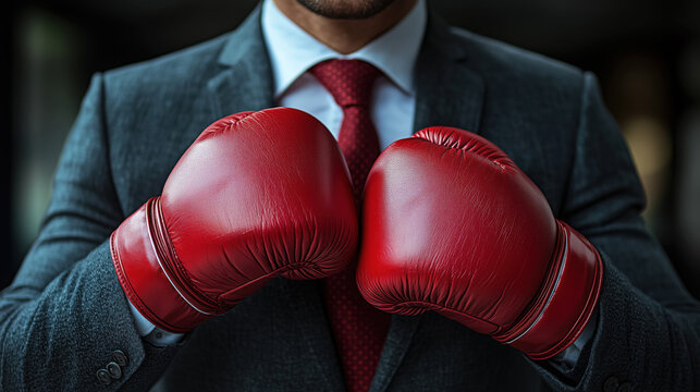 Businessman wearing boxing gloves ready to fight