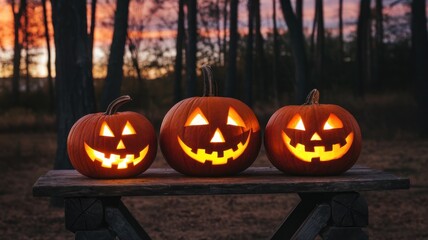 Obraz premium Three cheerful carved pumpkins glowing warmly against a dusky sky, evoking a festive Halloween spirit.