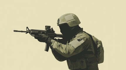 Fototapeta premium Soldier aiming rifle, tactical gear, military operation.