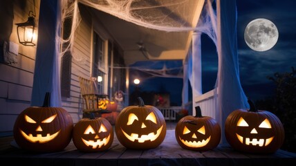 A festive Halloween scene featuring five carved pumpkins with glowing faces on a porch, surrounded by spider webs and illuminated by a full moon.