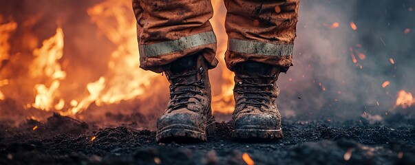 Fototapeta na wymiar Firefighter in full protective gear stands near a raging wildfire