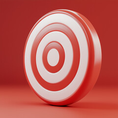 3D rendered red and white target with concentric circles standing against a bold red background, symbolizing precision, goal achievement, and business success