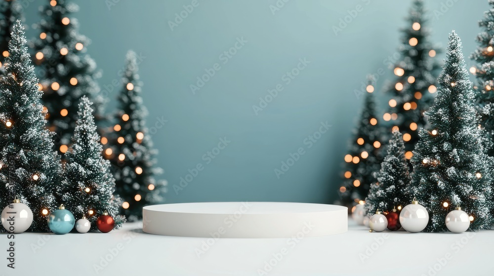 Poster a serene winter scene featuring a circular display platform surrounded by snowy christmas trees ador
