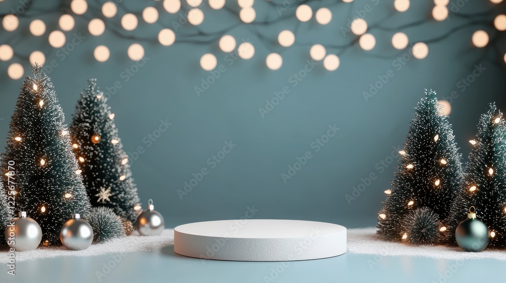 Poster a serene holiday scene featuring decorated trees and a circular display against a soft blue backdrop