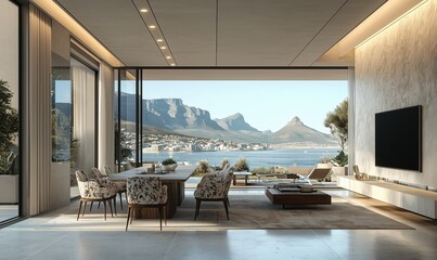 Luxurious open-plan apartment dining room in Cape Town large windows white and grey scheme mid-century chairs wall-mounted TV floral chairs modern design