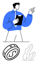 Man with a clipboard pointing ahead, dollar coin, two abstract leaves. Ideal for finance, business planning, presentations, economic growth, corporate strategy investments entrepreneurship. Line