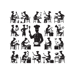 Chef in various actions silhouette vector illustration