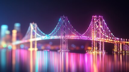 Obraz premium Colorful particle lights forming a suspension bridge over water with blurred city lights in background at night, creating a vibrant and futuristic cityscape