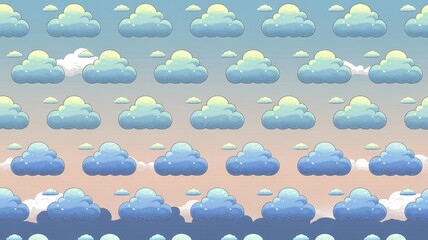 Obraz premium A whimsical digital illustration featuring various clouds against a dreamy gradient sky in soft pastel colors.