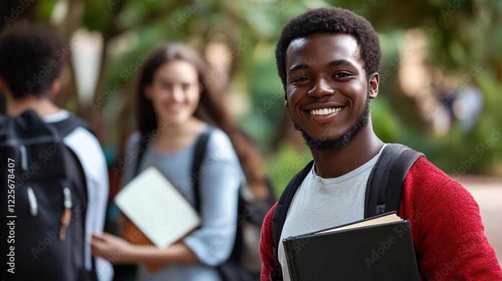 Poster Smiling african american student on campus holds a book while his classmates are blurred in the background