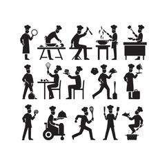 Chef in various actions silhouette vector illustration