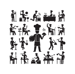 Chef in various actions silhouette vector illustration