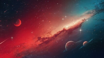 Naklejka premium A stunning cosmic scene featuring vibrant red and blue hues, multiple planets, and twinkling stars, evoking a sense of wonder in the vast universe.