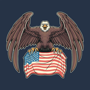 eagle holding american flag mascot illustration