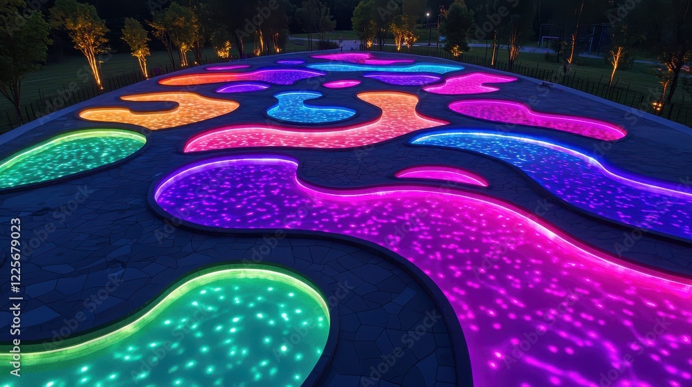 Poster a vibrant, illuminated pathway features colorful patterns, creating a stunning visual effect in a ni