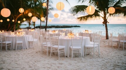 A serene beach setting for an elegant event, featuring round tables, soft lighting, and palm trees against a beautiful sunset.