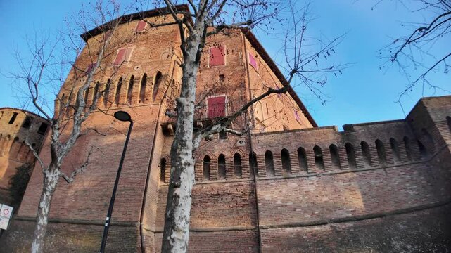 Moss covering the medieval walls of Dozza Castle, a historic fortress in the picturesque village of Dozza, Emilia Romagna, Italy, known for its painted walls and wine cellars