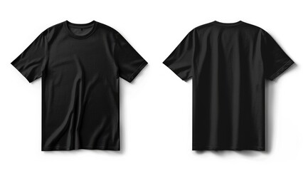 Black tshirt front and back view isolated on white, printable blank apparel mockup