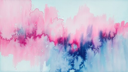 Obraz premium Abstract watercolor painting featuring a blend of pink and blue hues, creating a dreamy, ethereal atmosphere with fluid brush strokes and soft textures.