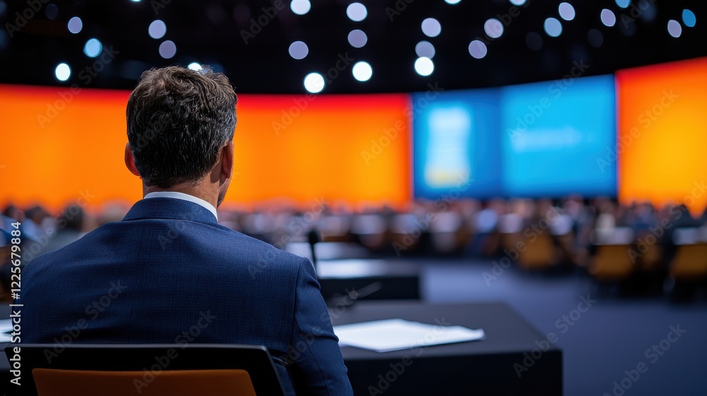 Poster a speaker is seen from behind at a conference, with colorful screens in the background and a focused