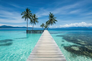 Wooden pier extends into tranquil turquoise tropical waters