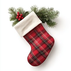 Festive Red Plaid Christmas Stocking with Holly and Berries