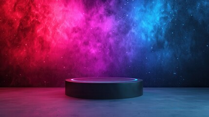 A vibrant cosmic background with a circular platform, illuminated by pink and blue hues, creating a futuristic and ethereal atmosphere.