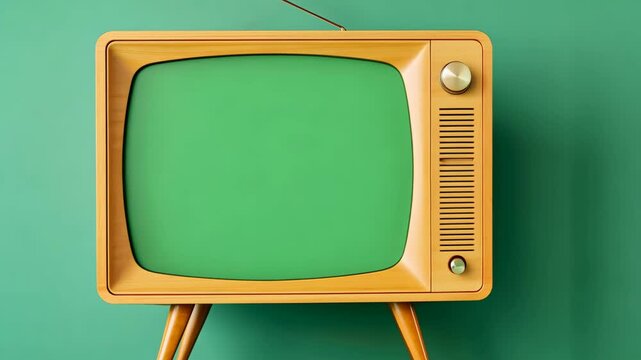 Vintage Television Green Screen Mockup in 4K Resolution with Retro Yellow TV on Minimalist Studio Background Displaying Nostalgic Design for Creative Projects and Media Presentations