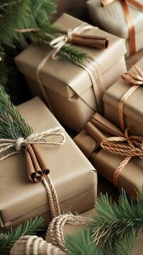 Holiday gift wrapping with natural elements and cinnamon accents under festive greenery