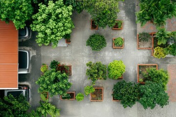 Aerial View of a Courtyard Garden with Parked Cars
