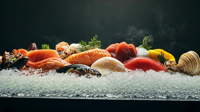 Fresh seafood assortment on crushed ice with rising steam in gourmet display