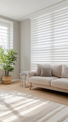 Fototapeta premium Bright and inviting living room showcases a light color palette with plush sofas and decorative cushions. A round coffee table rests on a textured rug, enhancing the cozy atmosphere.