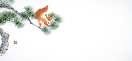 Ink wash painting of a squirrel on a pine tree branch. Traditional oriental ink painting sumi-e, u-sin, go-hua. Hieroglyph - happiness. © elinacious