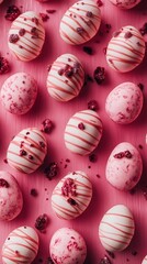 Obraz premium Pink Chocolate Eggs: A delightful overhead shot of pink and white chocolate eggs decorated with white stripes and pink raspberry pieces, arranged on a vibrant pink background.