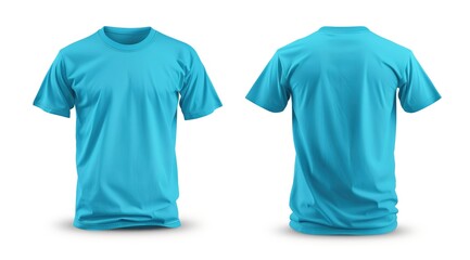 Front and back view of a basic sky blue t-shirt mockup isolated on a white background for retail product photography