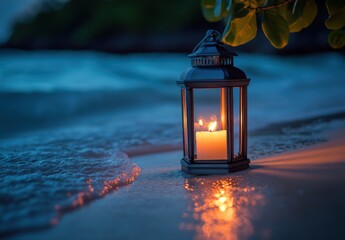 Tranquil Lantern on Sandy Shore with Flickering Flame and Gentle Waves Creating Relaxing Ambiance at Dusk near Serene Water Setting