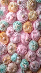 Pastel Meringue Kisses: Delicate swirls of pastel-colored meringue kisses, adorned with tiny chocolate eggs, create a delightful and charming arrangement, perfect for Easter or spring celebrations.