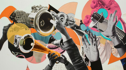 Contemporary art collage featuring hands with megaphones