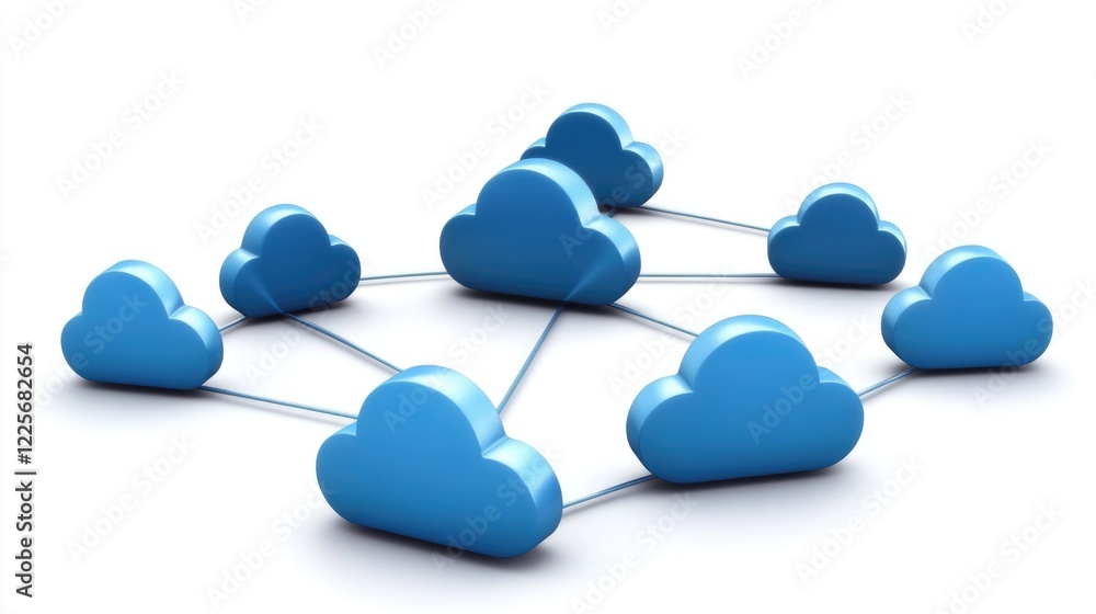 Poster cloud computing network with interconnected blue clouds representing data and server relationships