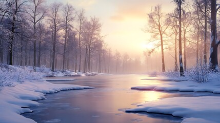 A peaceful winter scene with snow-covered trees, a frozen pond, and the soft light of dusk 