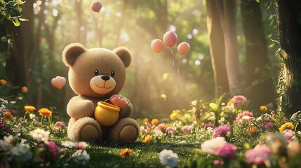 Fototapeta premium A cute teddy bear in a vibrant forest, joyfully holding a honey pot surrounded by colorful flowers and balloons.