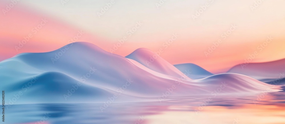 Poster soft blue waves and pastel gradient landscape with reflections and ample empty space for text or des