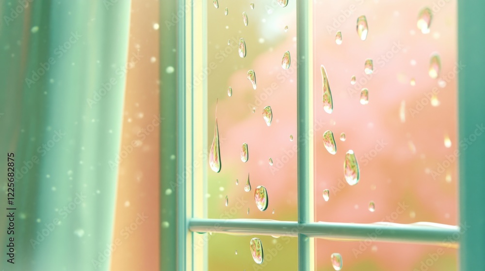 Poster close up of water droplets on a cartoon window with pastel green frame and soft background ideal for