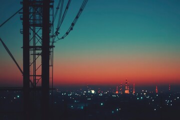 Naklejka premium Urban Sunset Silhouette Industrial Skyline View