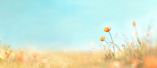 Field of vibrant orange tulips under a blurred blue sky creating a serene spring floral background with ample space for text placement
