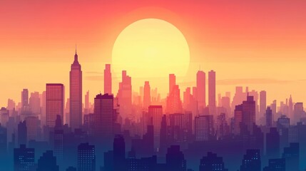 Vibrant Sunrise Over Urban Skyline with Clear Space for Text and Design Elements