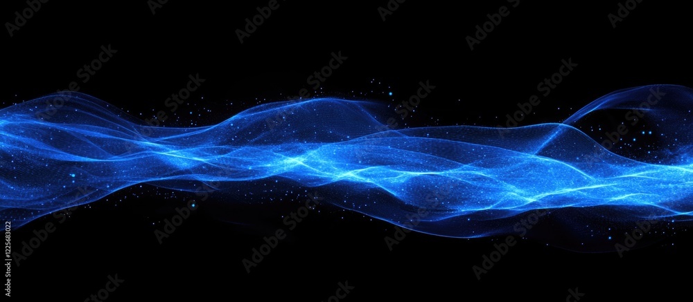 Poster abstract digital technology background with flowing blue lines and particles representing data netwo