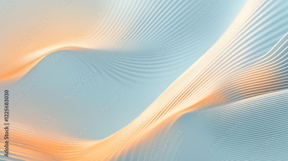 Poster elegant abstract background featuring soft pale blue and peach tones with delicate curved lines, cre