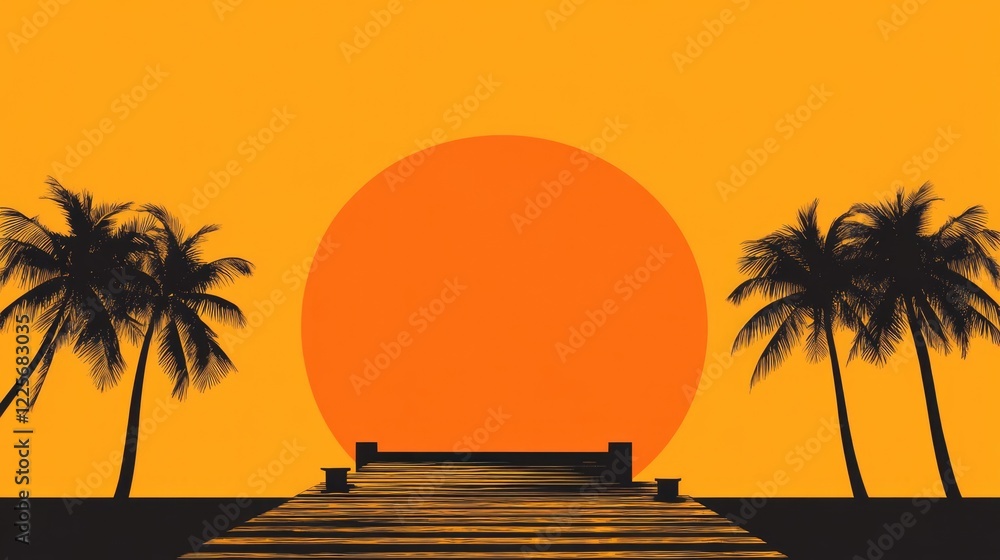 Poster vibrant orange sunset over silhouetted palms and dock with ample space for text and design elements 