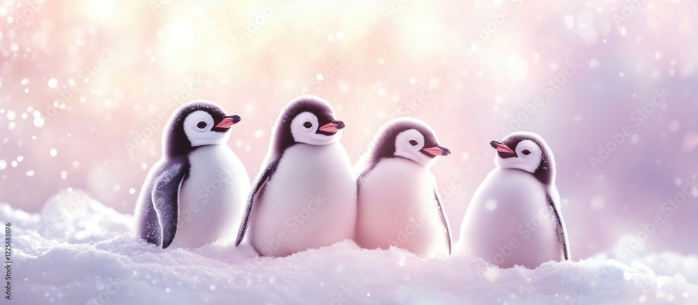 Aufkleber penguins huddled together on soft snow with pastel background and empty space for text ideal for win
